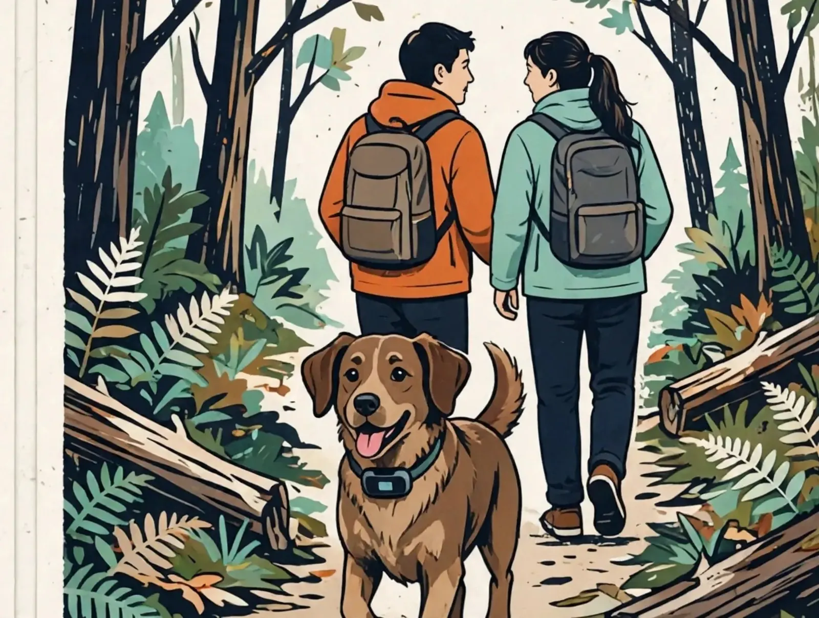 A dog wearing a tracker on a forest trail with a man and a woman